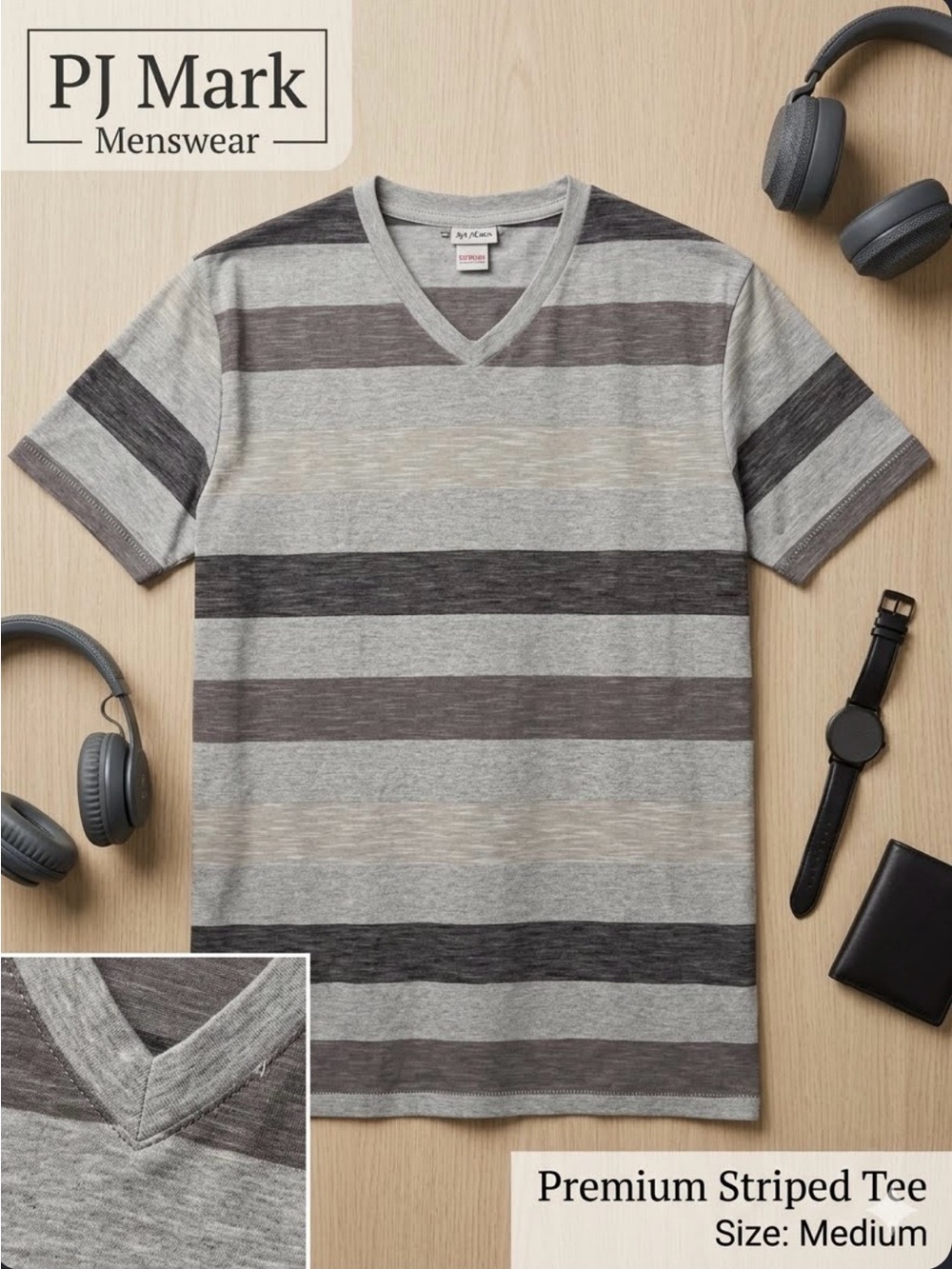 PJ Mark Men's V-Neck T-Shirt M Gray Striped Short Sleeve Y2K Streetwear Retro T
